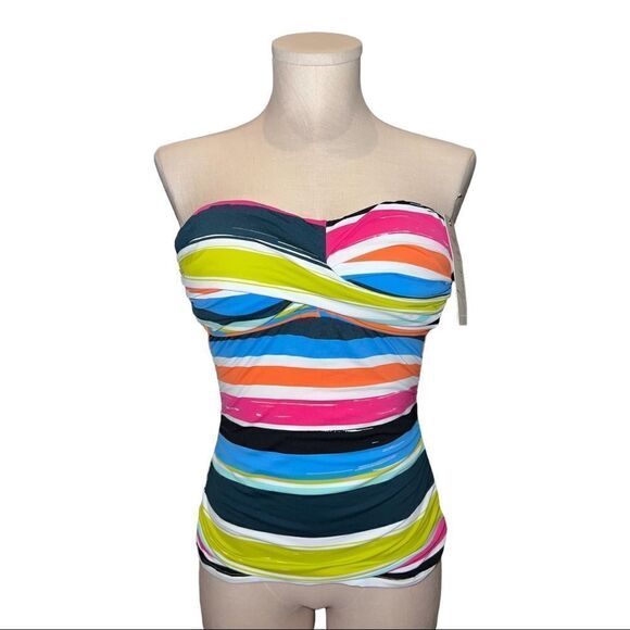 Anne Cole Twist Front Bandeaukini Swim Top Clear Water Stripe Print XS NWT - Picture 2 of 8